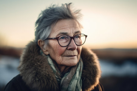 Portrait of an elderly woman with glasses on a background of natureの素材