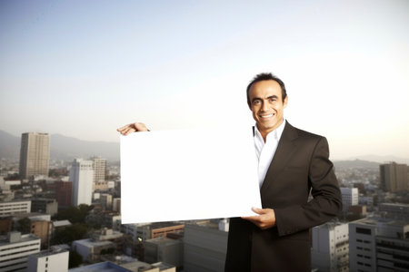 Businessman holding a white board in front of a city panoramaの素材