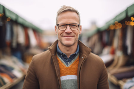 Portrait of a handsome man in a coat and glasses on the background of the train stationの素材