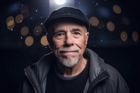 Portrait of an old man in a cap on a dark backgroundの素材