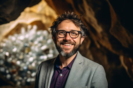 Handsome bearded man wearing glasses and smiling at the camera while standing in a cave with christmas decorationsの素材
