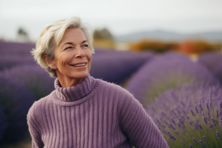 Portrait of happy senior woman standing in lavender field and smilingの素材