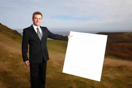 Businessman holding a blank white sign in front of a countryside landscapeの素材