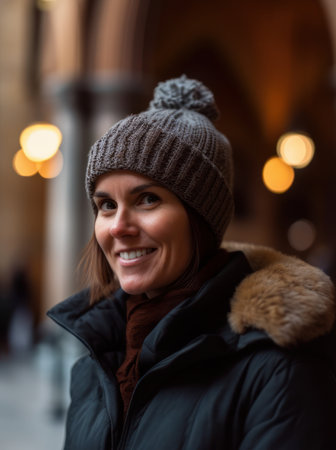Portrait of a smiling woman in winter coat and hat in the cityの素材