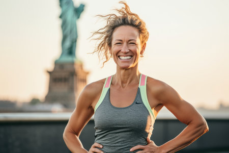 Portrait of a happy fitness woman standing with arms akimbo outdoorsの素材