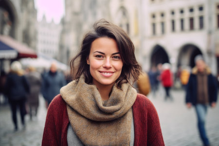 Beautiful young woman in the old town of Prague, Czech Republicの素材