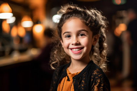 portrait of smiling little girl with curly hair looking at camera in cafeの素材