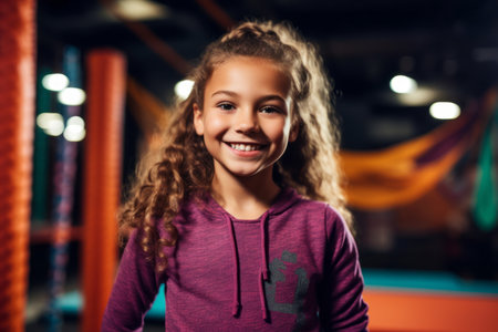Portrait of a smiling little girl with curly hair in the gym.の素材