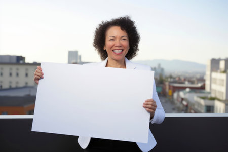 Portrait of a smiling businesswoman holding a blank sheet of paperの素材