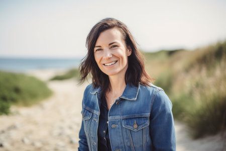 Portrait of a smiling woman standing on the beach at day timeの素材