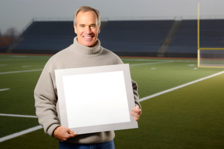 Portrait of a smiling senior man holding a blank white board on a football fieldの素材