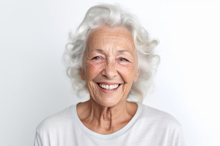 Portrait of a smiling senior woman looking at camera on white backgroundの素材