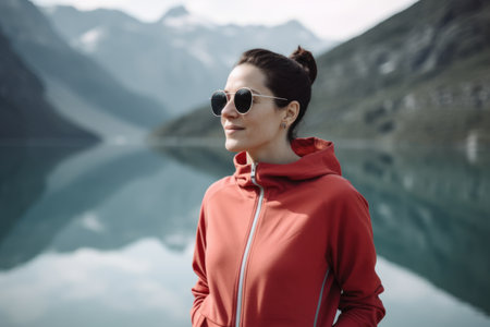 Beautiful young woman in sportswear and sunglasses on the background of a mountain lakeの素材