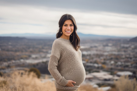 Pregnant woman in a white sweater on a background of the cityの素材