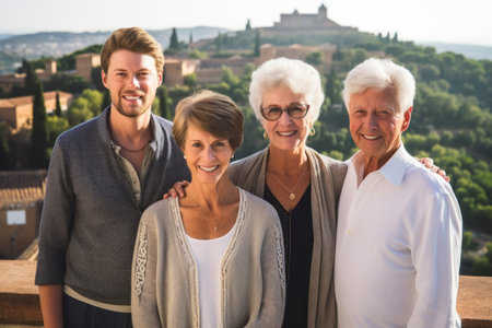 Portrait of happy family of four standing in front of Alhambra, Granada, Spainの素材