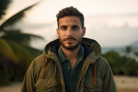 Portrait of a handsome young man in a green jacket on the beachの素材