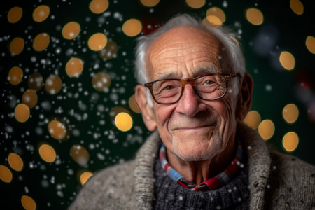 Portrait of an old man with glasses against christmas lights backgroundの素材