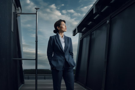 Businesswoman in a blue suit on the roof of a modern buildingの素材