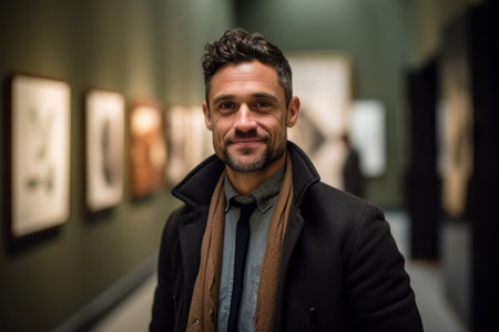 Portrait of a handsome man looking at camera in an art galleryの素材