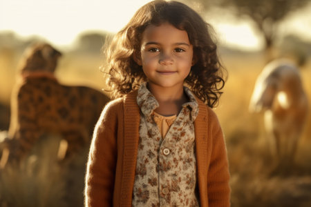 Portrait of a beautiful little girl in the field at sunset.の素材