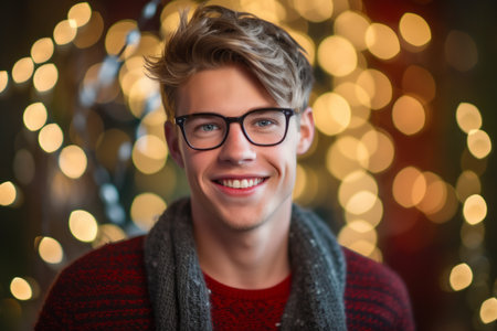 Portrait of a handsome young man with glasses on the background of a Christmas treeの素材