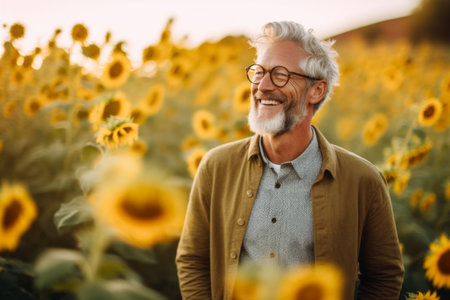Portrait of senior man standing in sunflowers field at sunsetの素材
