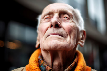 Portrait of a senior man in scarf and coat on the streetの素材