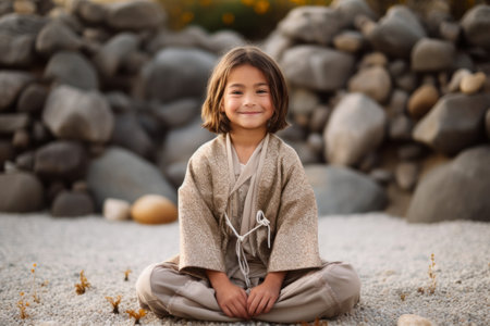 Portrait of a cute little girl sitting on the sand and smilingの素材