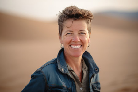 Portrait of a smiling middle-aged woman in the desert.の素材