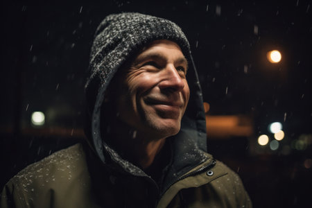 Portrait of a smiling man in the rain at night, looking at camera.の素材