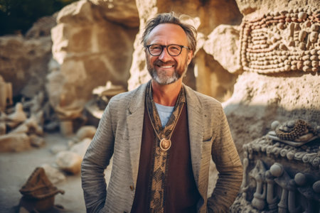 Portrait of a handsome middle-aged man with glasses and a beard. He is standing in front of a stone wall.の素材