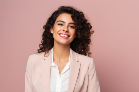 smiling african american businesswoman in beige suit isolated on pinkの素材
