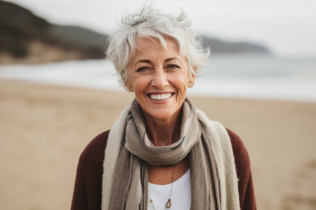 Portrait of smiling senior woman standing on beach at the day timeの素材