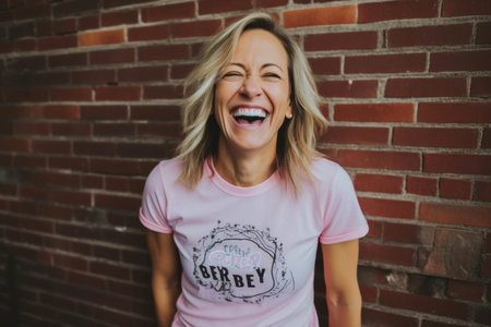 Portrait of happy woman laughing against red brick wall in the streetの素材