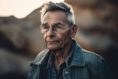 Portrait of senior man with eyeglasses and jeans jacket outdoorsの素材