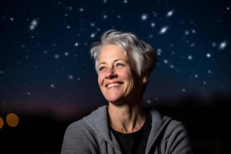 Portrait of a happy senior woman in front of a night skyの素材