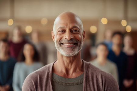 Portrait of smiling senior man standing in front of group of peopleの素材