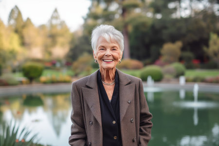 Portrait of a smiling senior woman standing in a park and looking at the cameraの素材