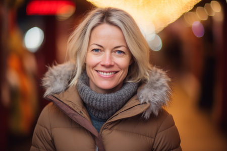 Portrait of a beautiful middle-aged woman in a winter jacket.の素材