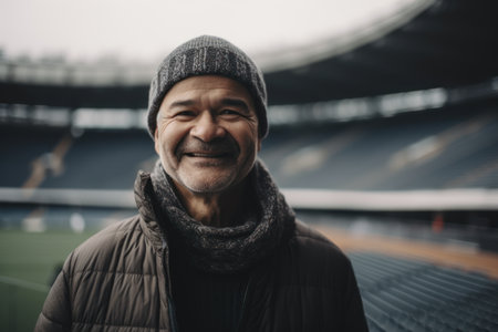Portrait of a senior Asian man wearing a hat and scarf in a football stadiumの素材