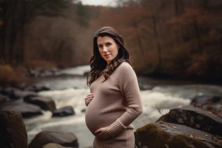Pregnant woman in autumn forest. Beautiful pregnant woman in nature.の素材