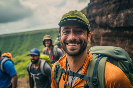 Group of friends hiking in the mountains. Travel and adventure concept.の素材