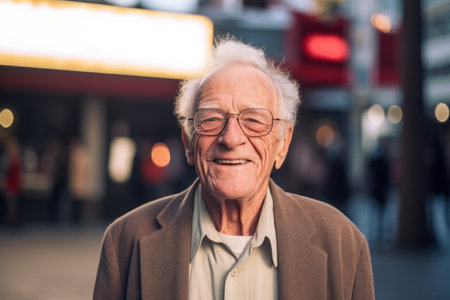 Portrait of senior man with eyeglasses in the city.の素材