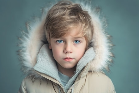 Portrait of a little boy in a warm jacket on a gray backgroundの素材