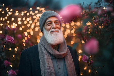 Portrait of senior man with long white beard wearing warm hat and scarf standing in blooming rose garden at sunsetの素材