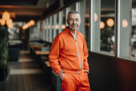 Portrait of senior man in sportswear standing in cafe.の素材