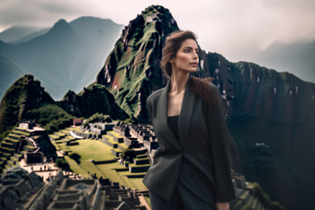 Beautiful woman in the ruins of the ancient city of Machu Picchuの素材