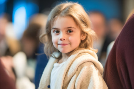 Cute little girl with blonde hair looking at camera in shopping centerの素材