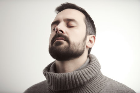 Portrait of a handsome young man in a gray sweater on a white backgroundの素材