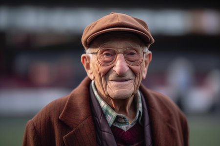 Portrait of an elderly man with hat and coat at the stadiumの素材